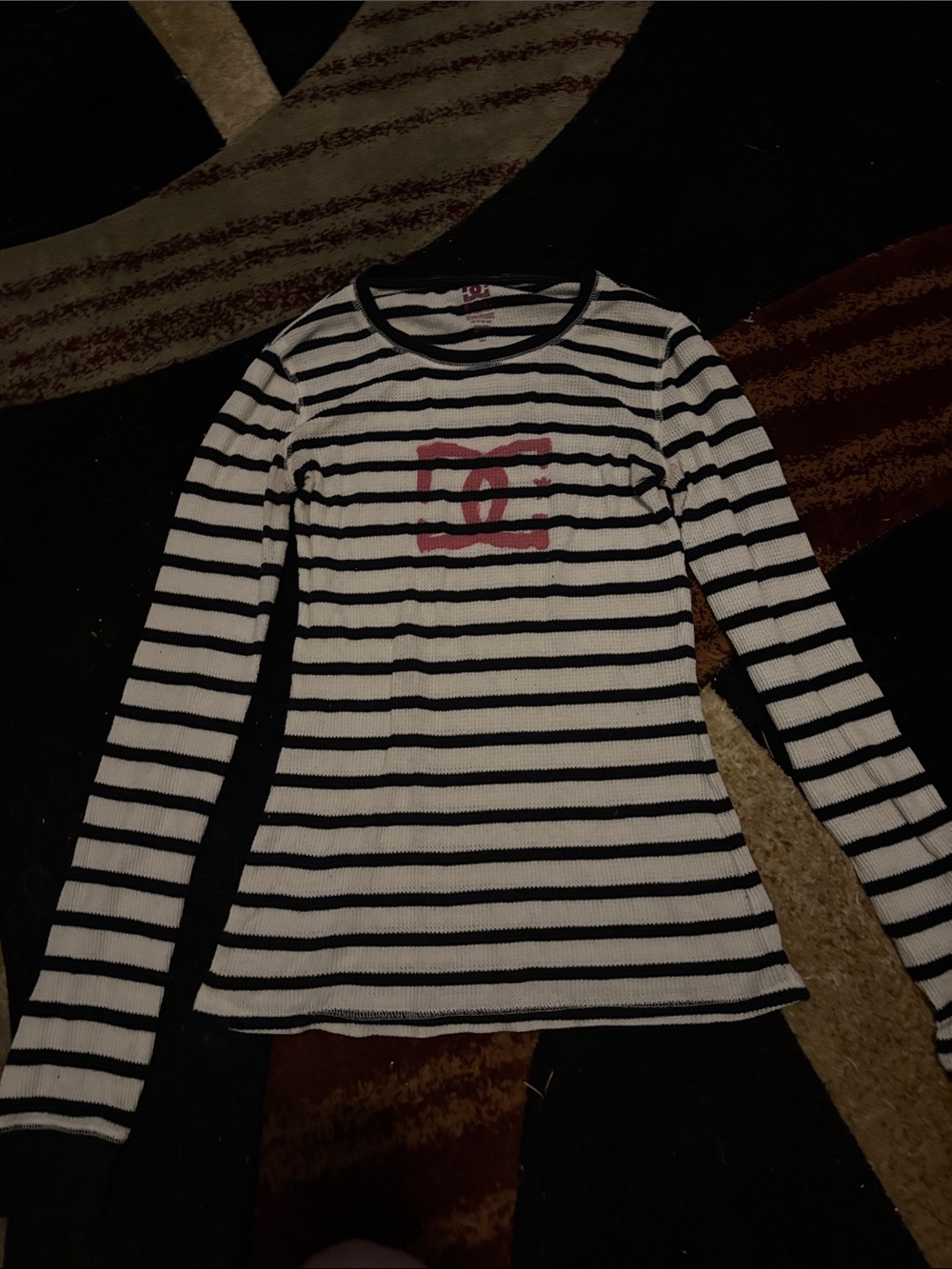 Y2K DC Black and White Striped Long-Sleeve Tee with Pink Logo